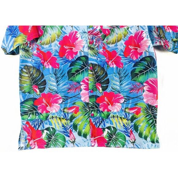 Happy Bay Hawaiian Shirt Men's Medium Button Up Blue Green Red - Picture 12 of 12